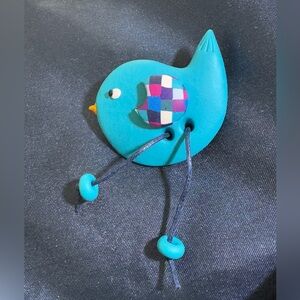 Bird Brooch Clay Blue Bird With Cord and bead Feet
